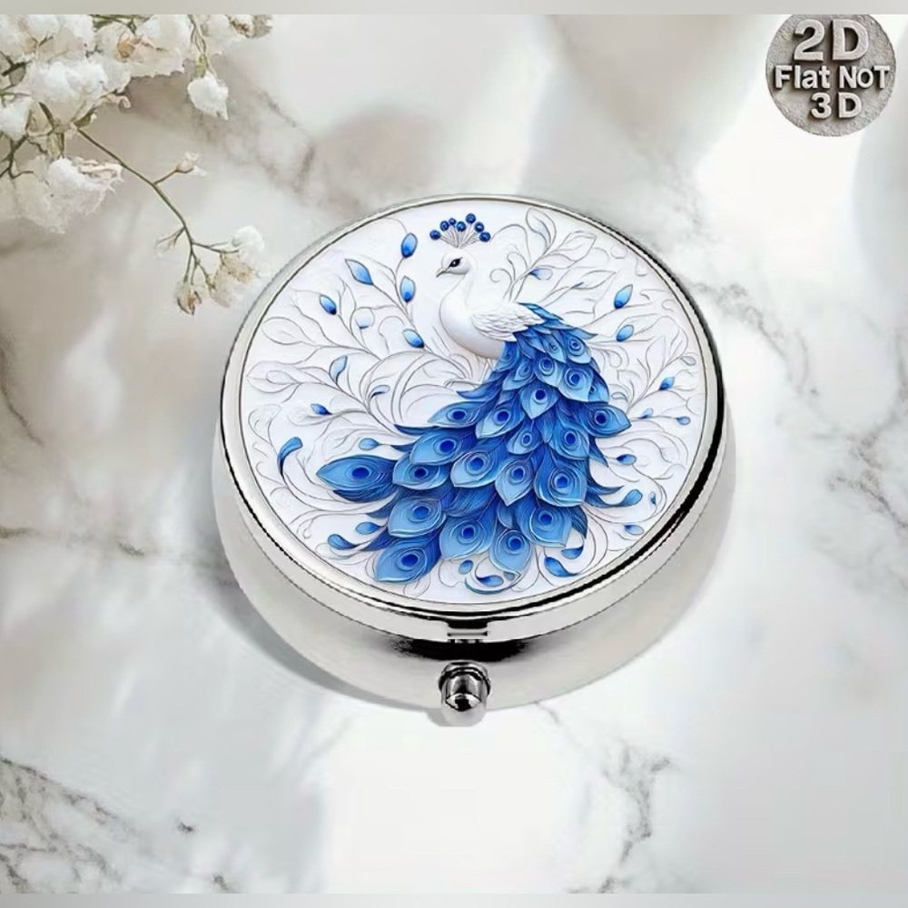Peacock Bird Nature Inspired Pill Organizer 3-Compartment Compact Pill Case New